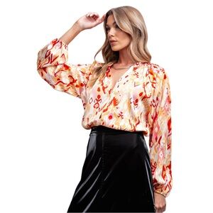 Easel Ikat Print Orange Cream Satin Blouse NWT‎ Oversized Size S
